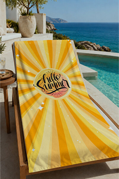 Evmila 70X150 Beach Towel with Yellow Sun Rays and Hello Summer Written on It...