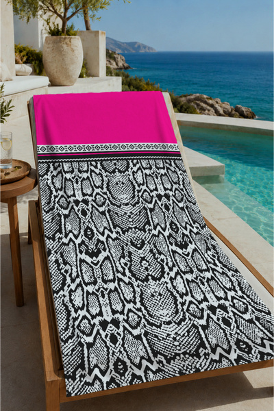 Evmila Pink Black White Ethnic Border Patterned 70X150 Beach Towel - Cotton B...