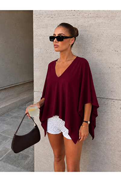 ecemore V-Neck Natural Viscose Stretch Fabric Poncho Blouse