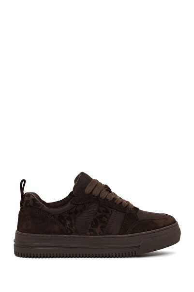Derimod Women's Brown Lace-Up Thick-Soled Patterned Leather Sneaker Af160001Dk