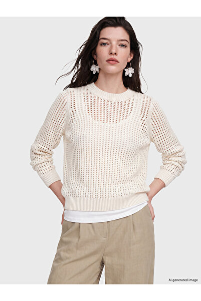 LC Waikiki Lcw Modest Ecru Crew Neck Openwork Women's Knitwear Sweater