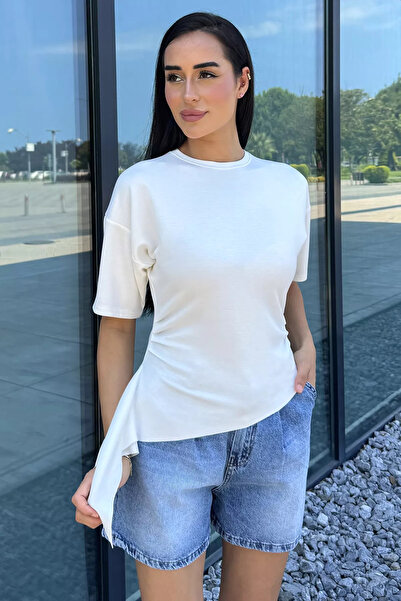 Aryena Cream Women's Crew Neck T-Shirt with Side Detail