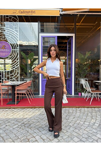 LB Laluna Butik Women's High Waist Spanish Flare Pants with Back Zipper Detail