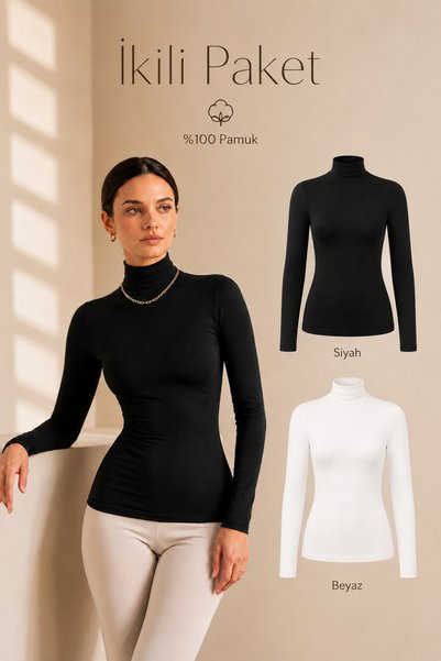 cicial 2-Pack Women's Turtleneck Long Sleeve Cotton Bodysuits (Black-White)
