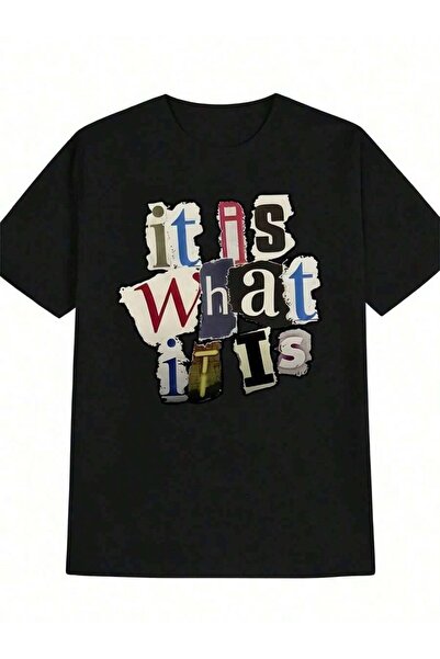 4CR 1pc Man' S Letter Collage Print Black TShirt, Crew Neck, Casual Cotton Te...