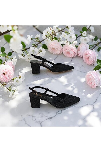 Fiyra 7013 Black Glittery Thick Square Heel Evening Dress Stiletto Shoes