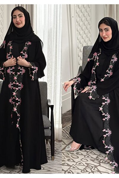 Noon Noora Black Embroidered Lace Splicing Front Opening Jacket Abaya (Withou...