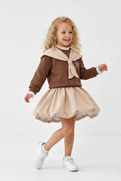 Minigimin Cicileri Shawl Collar Detailed Balloon Skirt Girls' Set - Brown