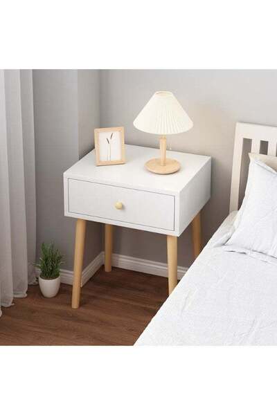 DubaiGallery Modern White Bedside Table with Wooden Legs, 40 x 30 x 55 cm, St...