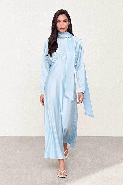 Hooopstore Büzgü Detaylı Saten Soft Mavi Elbise
