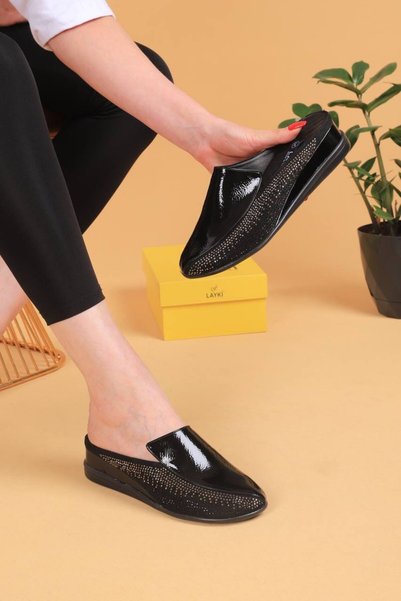 layki Lorra Black Patent Leather Stone-Embellished Wedge Sole Women's Mule Slippers
