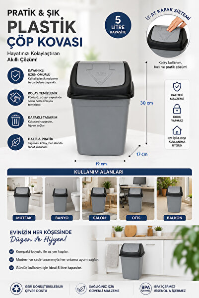 Akyüz Plastik 🗑️   5 Liter Plastic Trash Can |   Anthracite Kitchen Bathroom...