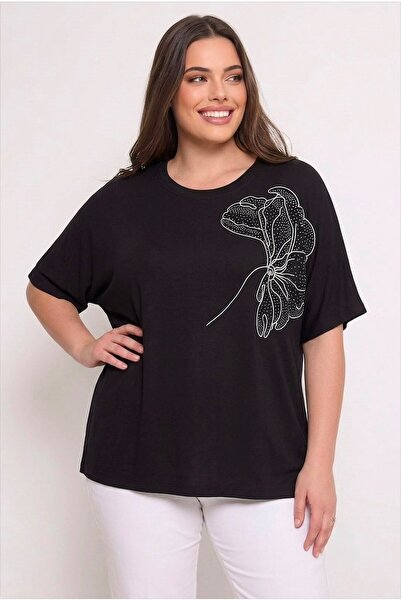 Koza Butik Women's Plus Size Short Sleeve Crew Neck Embroidery and Stone Deta...