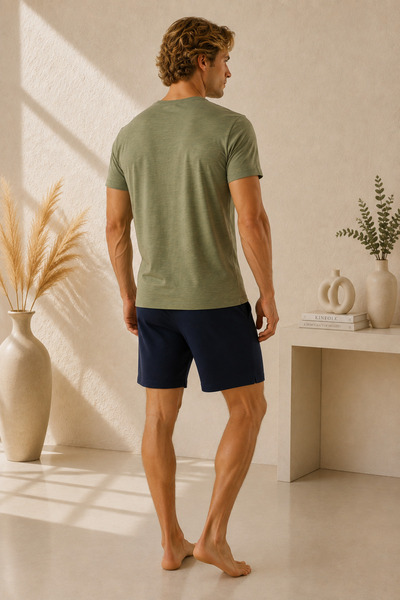 Pijamask Tricou cu mânecă scurtă cu imprimeu kaki pentru bărbați, cu pantaloni scurți bleumarin, set de pijamale din bumbac