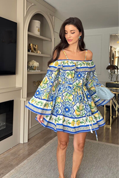 My Blog Blue Lemon Patterned Balloon Sleeve Mini Dress - 8616