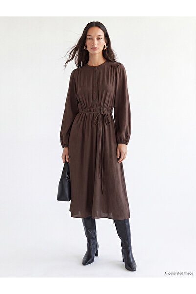 LC Waikiki Nevavm Oval Collar Lace-Up Gathered Dress with a Difference
