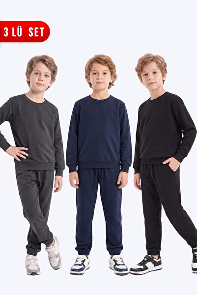 FYK KİDS 3-Piece Boys' Plain Crew Neck Double Pocket Tracksuit Set