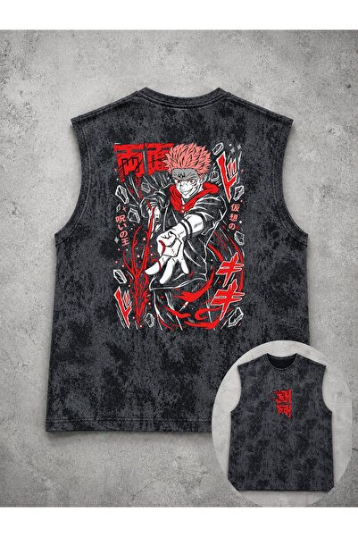 classy moda Unisex Black Washed Tank Top with Anime Characters Printed on the...