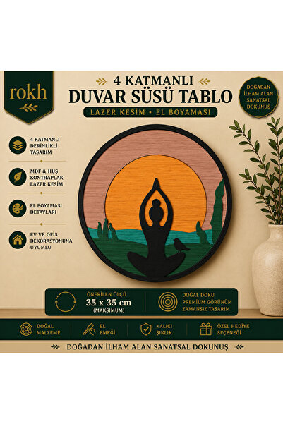 ROKH 4 Katmanlı Yoga Duvar Süsü Tablo | Lazer Kesim Ahşap Dekor | Meditasyon ...