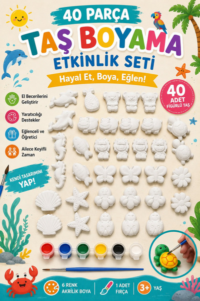 40 Adet (3D) Hayvanlar&Çiçekler Taş Boyama Figür Çocuk Gelişimi Boyama Etkinlik Seti Zoo Painting