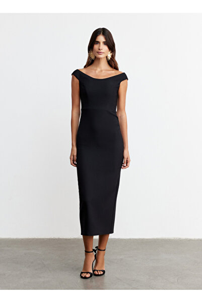 happy to wear Siyah Kadın Kayık Yaka Slim Fit Elbise Amelia-Siyah