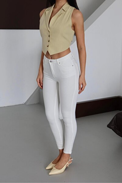 Moda Days Pantaloni skinny albi pentru femei, cu talie înaltă, picior îngust,...