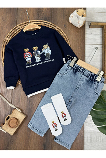 Bolly Baby Teddy Bear Printed Sweatshirt, Lycra Jeans with Socks, 3-Piece Bab...