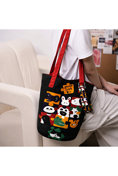 Street Bag حقيبة كتف وحقيبة يد لطيفة على الطراز الكوري بتصميم حيواني مرسوم با...