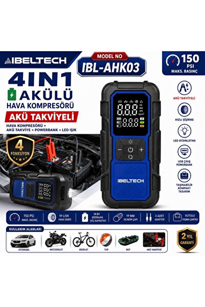 İBELTECH IBL-AHK03 Akü Takviyeli Hava Kompresörü 150 PSI 6000 mAh – Powerbank...