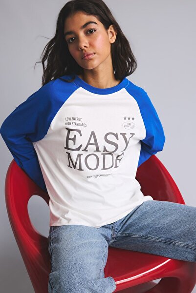 DeFacto Oversize Crew Neck Long Raglan Sleeve Lettering Printed T-Shirt I0217...