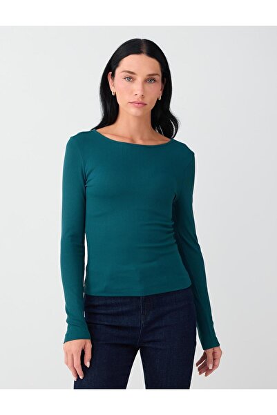 Jimmy Key Dark Green Round Neck Slim Fit Long Sleeve Blouse