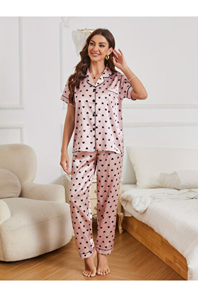 Take Two By Styli Light Pink Heat Print Shirt and Pants Pajama Set