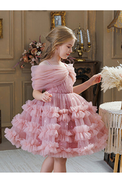 Take Two By Styli Girls Pink Sequin Knee-Length A-Line Dress