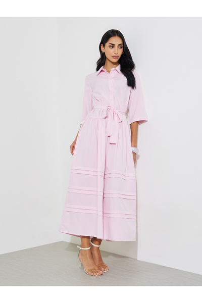 Styli Pink Solid Pleated 3/4 Sleeves Shirt Maxi Dress