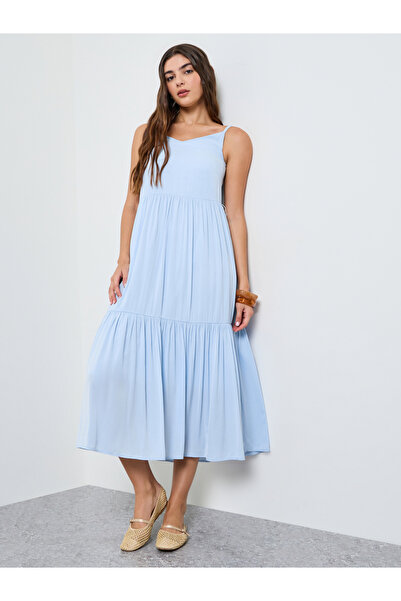 Styli Blue Strappy Ruffled Midi Dress