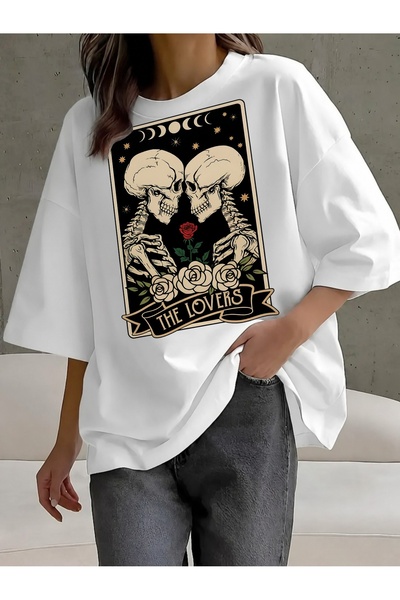 Generic Brand تي شيرت نسائي بتصميم هيكل عظمي وردي من The Lovers Tarot، بأكمام...