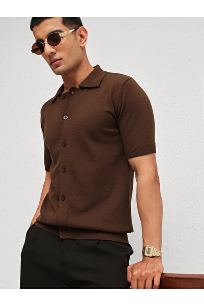 Mascln Sassafras By Styli Men Brown Front Button Knitted Polo Shirt