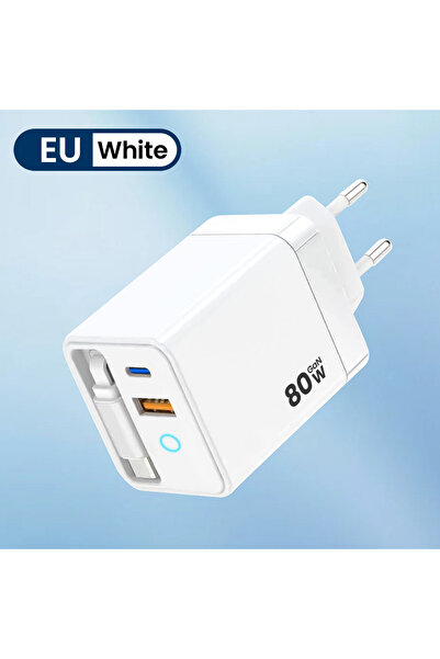 Choice6 White EU 80W USB Type C Phone Super Fast Charger With Retractable USB...