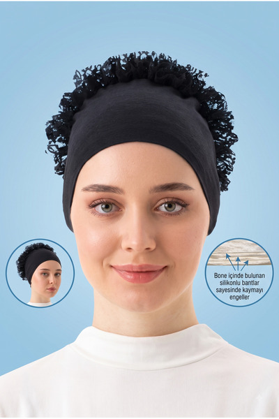 MyReal Black Non-Slip Silicone Combed Cotton Ruffled Voluminous Hairnet