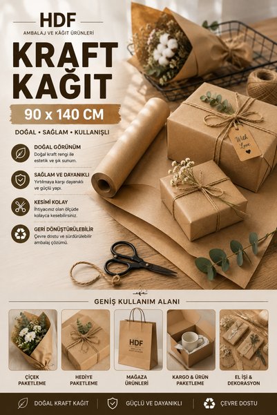 HDF PAZARLAMA Kahverengi Kraft 90x140 CM – Hediye, Çiçek ve Ürün Paketleme Ka...