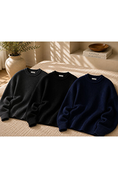 DepoExport Women's 3-Piece Crew Neck Oversize Knitwear Sweater Soft Knitted S...
