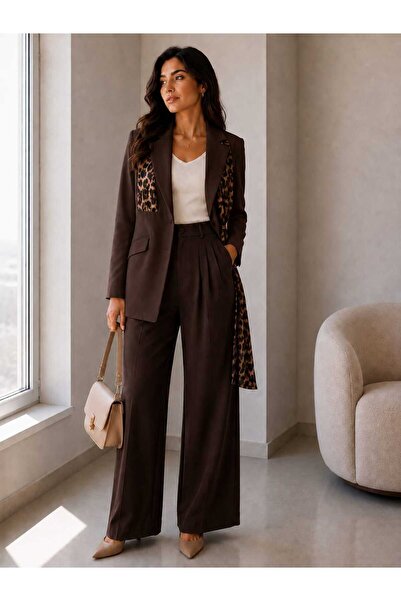 GİYİYORUM Leopard-Detail Double-Breasted Women's Blazer Jacket