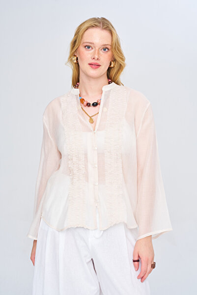 Orfeo Negro Women's High Collar Ruffle Detailed Transparent Pastel Color Shirt