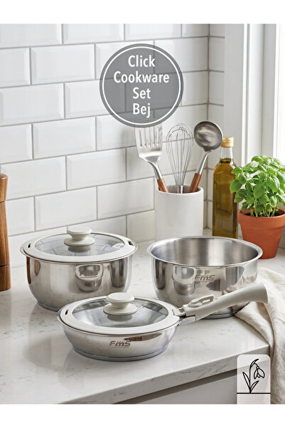 FMS Click Cookware Set Beige |   18/10 Stainless Steel |   Removable Handle |...