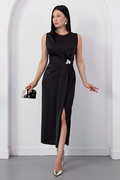 PULLIMM Oval Neckline Side Pleated Buckled Satin Dress K-251633