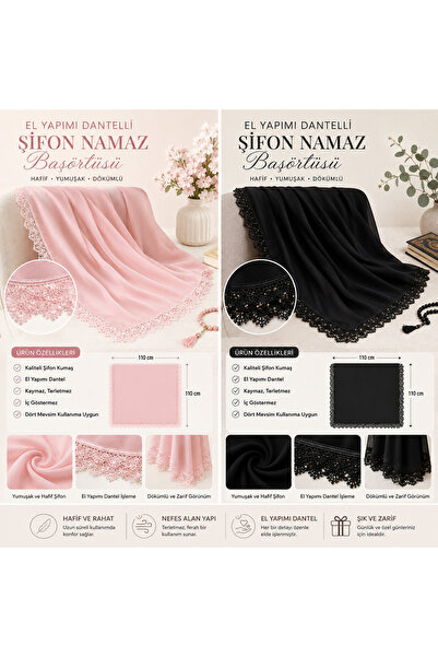 Jasmine Shop El Yapımı Dantelli Şifon Namaz Başörtüsü 2'li Set – Pembe & Siyah