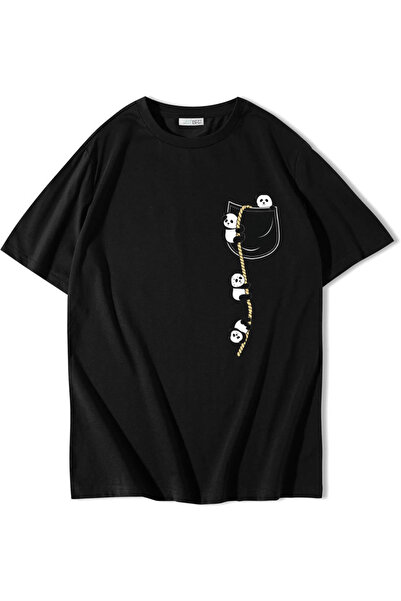 BRZ COLLECTION Unisex Oversize Climbing Cute Pandas T-Shirt Black