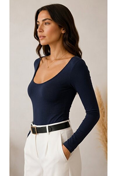 peralist Women's Navy Blue Round Neck Long Sleeve Viscose Blouse