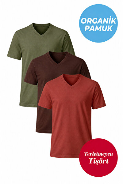 UNIQVIBE 3-Pack Organic Cotton Men's Short Sleeve V-Neck T-Shirt (Khaki - Bro...