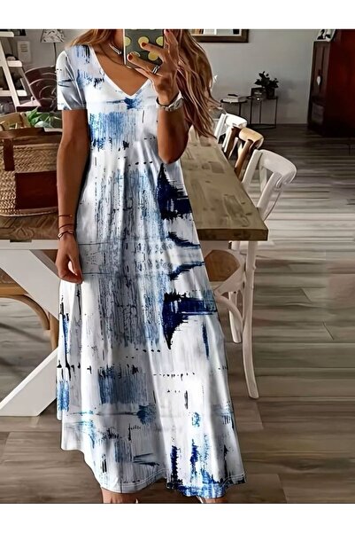 Generic Brand Women's Short Sleeve V-Neck Patterned Long Single Jersey Dress